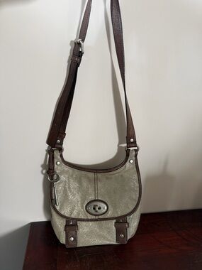 Fossil Maddox Metallic Canvas & Brown Leather Crossbody Bag